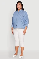 Womens Plus Size Chambray Tabbed Pocket Shirt, Blue, Size 2X