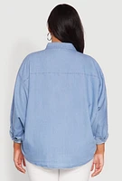 Womens Plus Size Chambray Tabbed Pocket Shirt, Blue, Size 2X