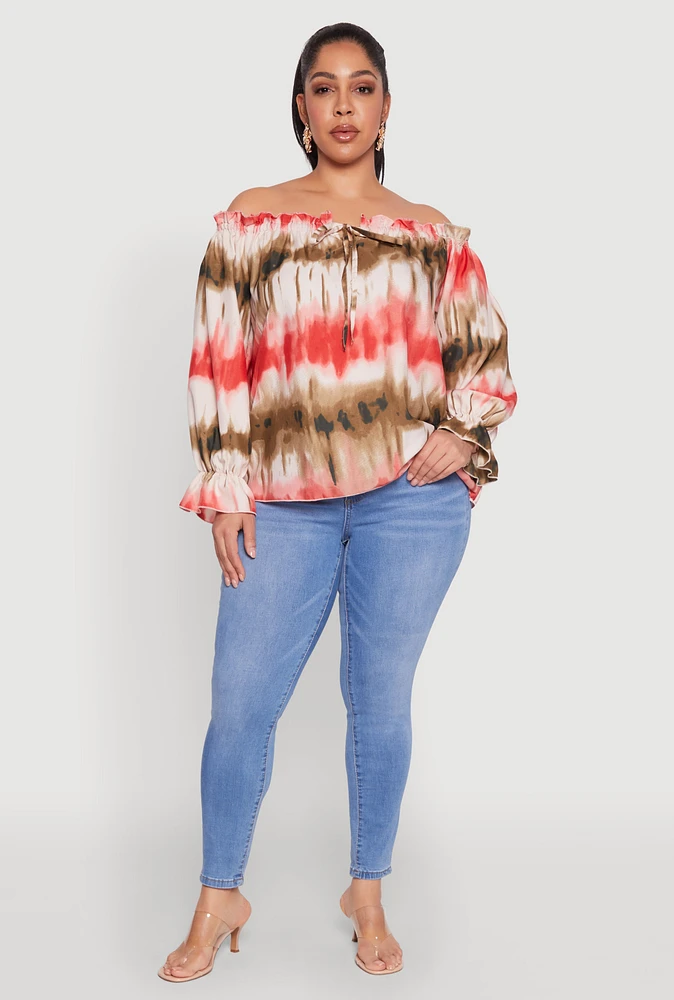 Womens Plus Size Tie Dye Off the Shoulder Blouse, Multi, Size 2X