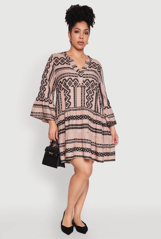 Womens Plus Size Long Sleeve Tiered Dress, Brown, Size 1X