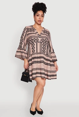 Womens Plus Size Long Sleeve Tiered Dress, Brown, Size 1X