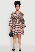 Womens Plus Long Sleeve Tiered Dress, Brown,