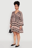 Womens Plus Size Long Sleeve Tiered Dress, Brown, Size 1X