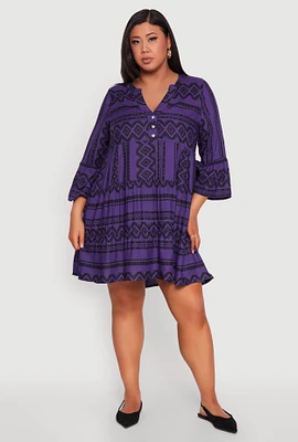 Womens Plus Size Long Sleeve Tiered Dress, Purple, Size 2X