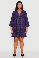 Womens Plus Size Long Sleeve Tiered Dress, Purple, Size 2X