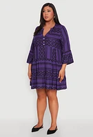 Womens Plus Size Long Sleeve Tiered Dress, Purple, Size 2X