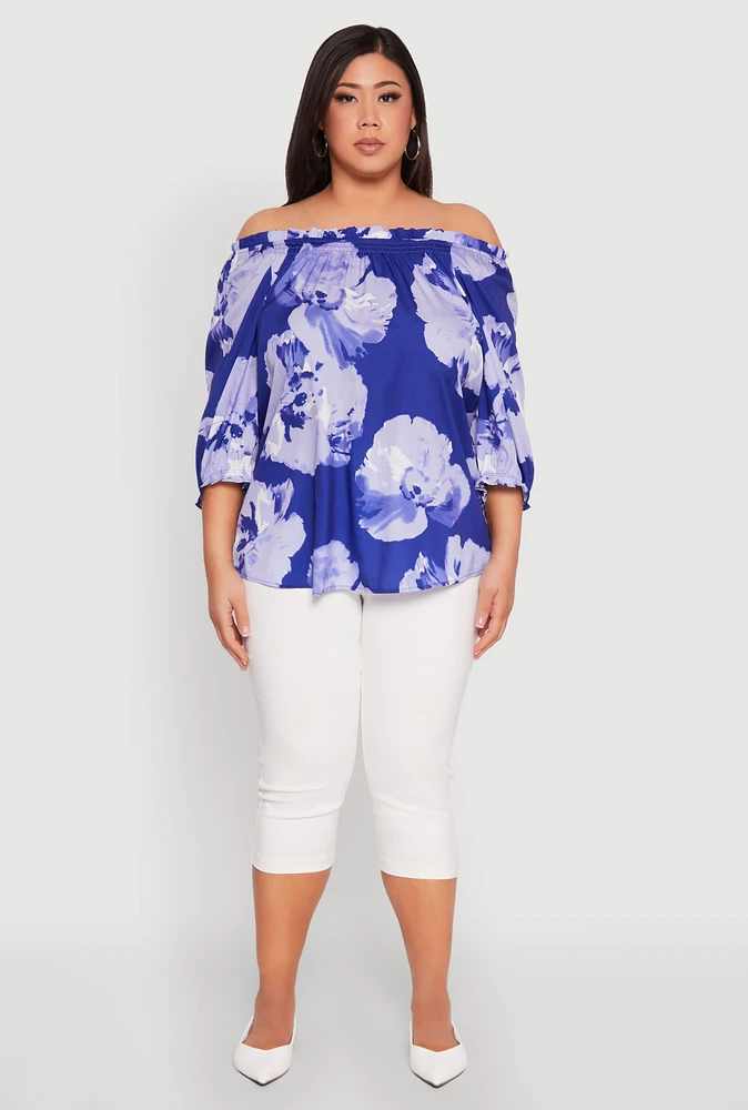 Womens Plus Size Floral Off the Shoulder Blouse, Blue, Size 1X