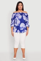 Womens Plus Size Floral Off the Shoulder Blouse, Blue, Size 1X