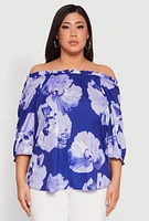 Womens Plus Size Floral Off the Shoulder Blouse, Blue, Size 1X