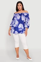 Womens Plus Size Floral Off the Shoulder Blouse, Blue, Size 1X