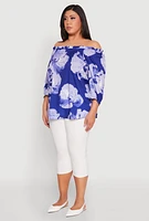 Womens Plus Size Floral Off the Shoulder Blouse, Blue, Size 1X