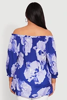 Womens Plus Size Floral Off the Shoulder Blouse, Blue, Size 1X