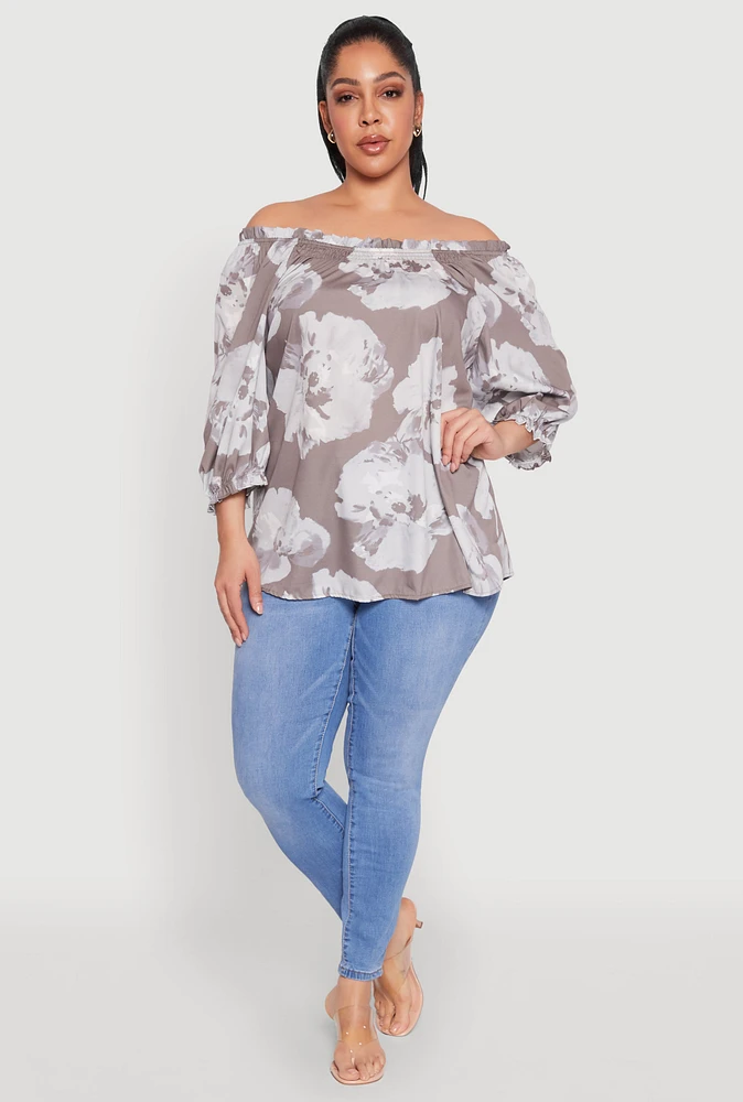 Womens Plus Size Floral Off the Shoulder Blouse, Grey, Size 2X