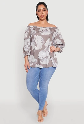 Womens Plus Size Floral Off the Shoulder Blouse, Grey, Size 2X