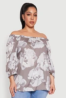 Womens Plus Size Floral Off the Shoulder Blouse, Grey, Size 2X