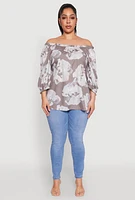 Womens Plus Size Floral Off the Shoulder Blouse, Grey, Size 2X