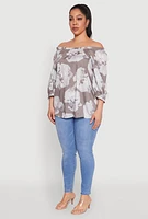 Womens Plus Size Floral Off the Shoulder Blouse, Grey, Size 2X