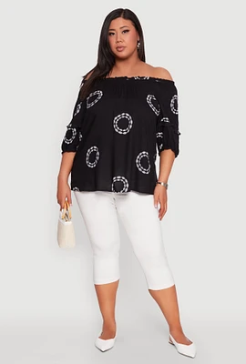 Womens Plus Size Circle Print Off The Shoulder Top, Black, Size 3X