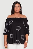 Womens Plus Size Circle Print Off The Shoulder Top, Black, Size 3X