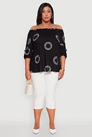 Womens Plus Size Circle Print Off The Shoulder Top, Black, Size 3X