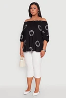 Womens Plus Size Circle Print Off The Shoulder Top, Black, Size 3X