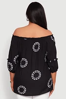 Womens Plus Size Circle Print Off The Shoulder Top, Black, Size 3X