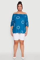 Womens Plus Circle Print Off The Shoulder Top,