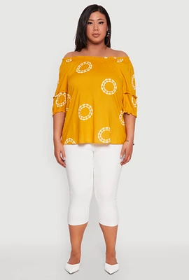 Womens Plus Size Circle Print Off The Shoulder Top, Yellow, Size 2X