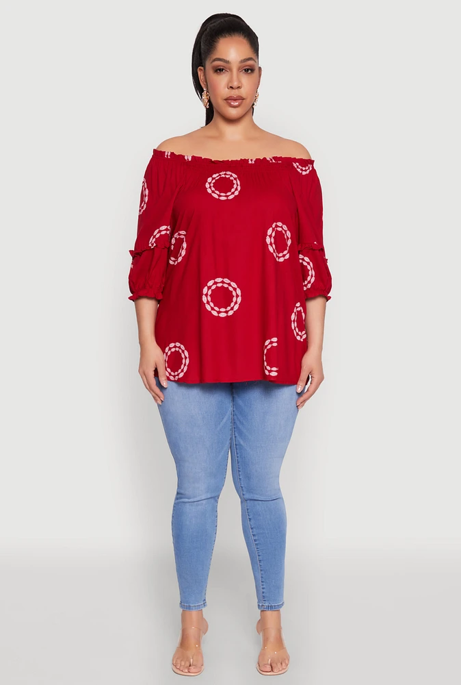 Womens Plus Size Circle Print Off The Shoulder Top, Red, Size 2X