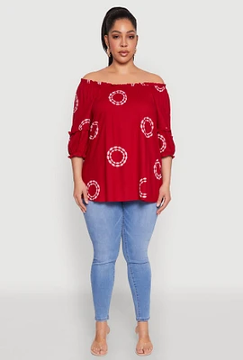 Womens Plus Size Circle Print Off The Shoulder Top, Red, Size 2X