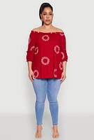 Womens Plus Size Circle Print Off The Shoulder Top, Red, Size 2X
