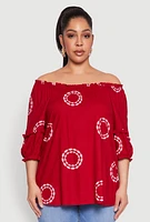 Womens Plus Size Circle Print Off The Shoulder Top, Red, Size 2X