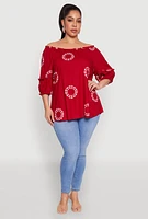 Womens Plus Size Circle Print Off The Shoulder Top, Red, Size 2X