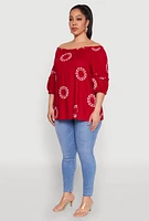 Womens Plus Size Circle Print Off The Shoulder Top, Red, Size 2X
