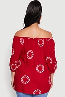 Womens Plus Size Circle Print Off The Shoulder Top, Red, Size 2X