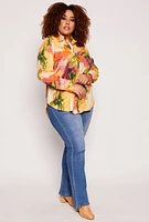 Womens Plus Size Marble Print Collared Button Front Shirt, Yellow, Size 3X