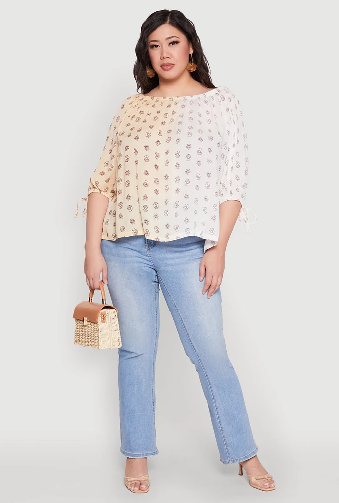 Womens Plus Size Ombre Flower Print Blouse, Beige, Size 2X