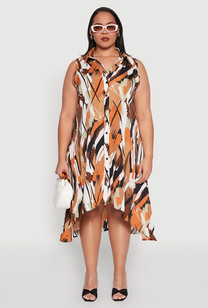 Womens Plus Brush Stroke Print Sleeveless Midi Dress, Multi,