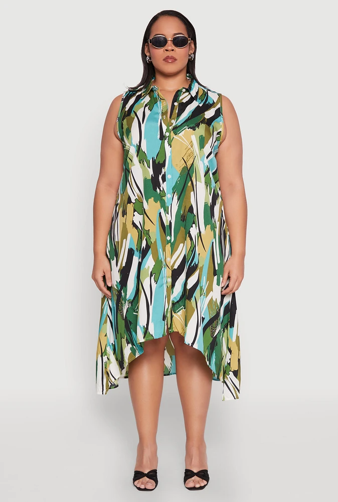 Womens Plus Size Brush Stroke Print Sleeveless Midi Dress, Multi, Size 2X