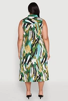 Womens Plus Brush Stroke Print Sleeveless Midi Dress, Multi,