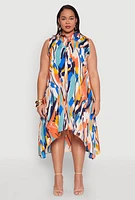 Womens Plus Brush Stroke Print Sleeveless Midi Dress, Multi,