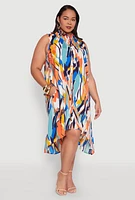 Womens Plus Brush Stroke Print Sleeveless Midi Dress, Multi,