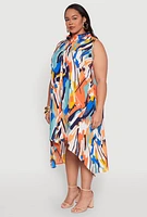 Womens Plus Brush Stroke Print Sleeveless Midi Dress, Multi,