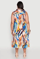 Womens Plus Brush Stroke Print Sleeveless Midi Dress, Multi,