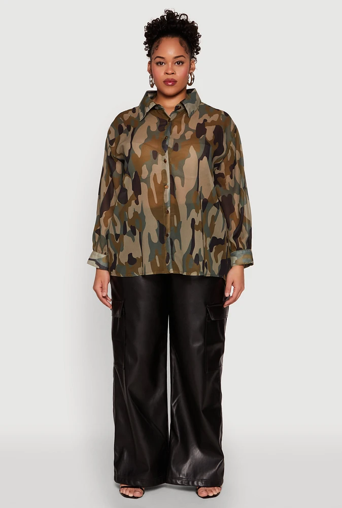 Womens Plus Mesh Camouflage Shirt, Green,