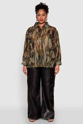 Womens Plus Mesh Camouflage Shirt, Green,