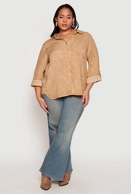 Womens Plus Acid Wash Button Front Shirt, Beige,