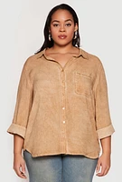 Womens Plus Acid Wash Button Front Shirt, Beige,