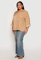 Womens Plus Acid Wash Button Front Shirt, Beige,