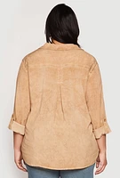 Womens Plus Acid Wash Button Front Shirt, Beige,